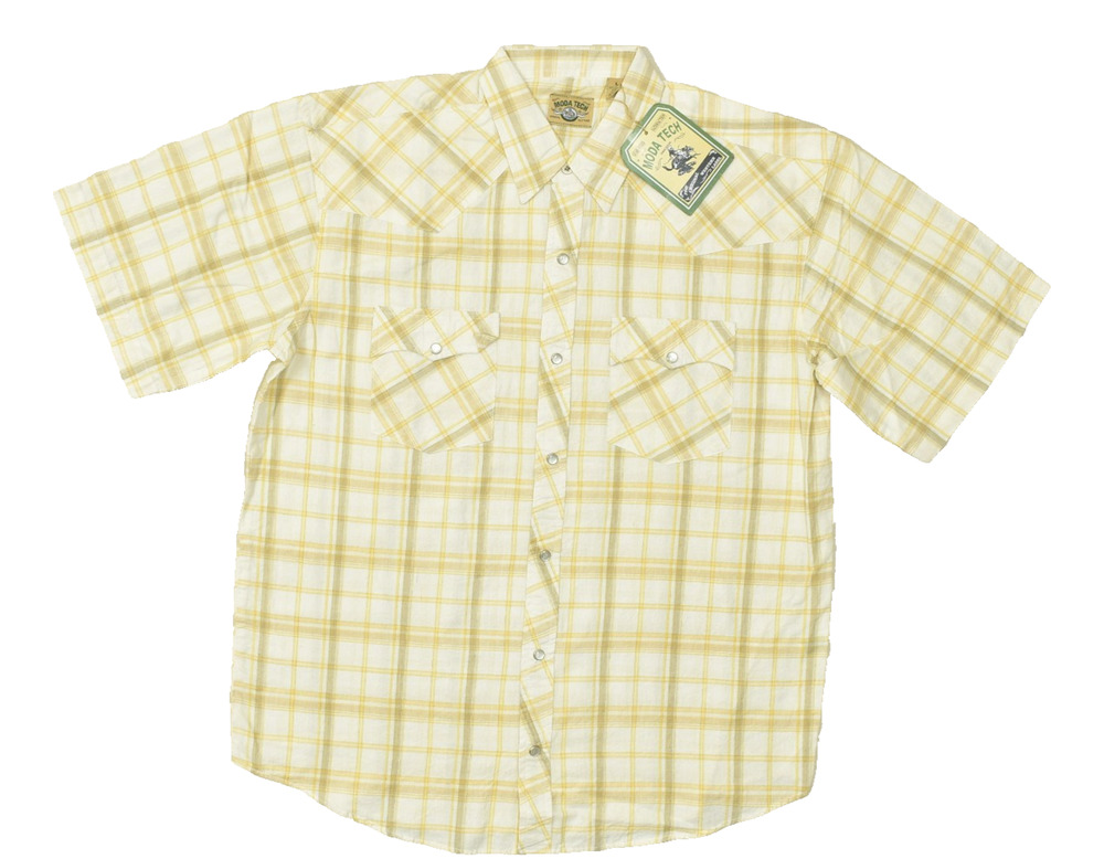 Moda Tech Men's Yellow Plaid Western Snap Shirt Short Sleeve Regular Size L NWT